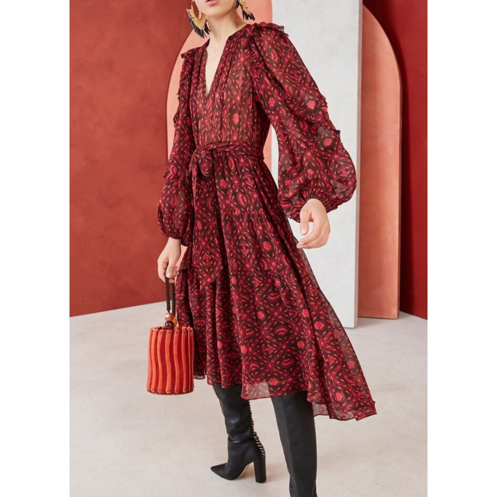 Ulla Johnson Aliya Black Red Printed Midi Dress Size 0